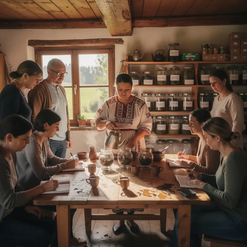 Friss, gyümölcsös ízeket sugárzó Nilgiri fekete tea csészében, háttérben zöld növényekkel.