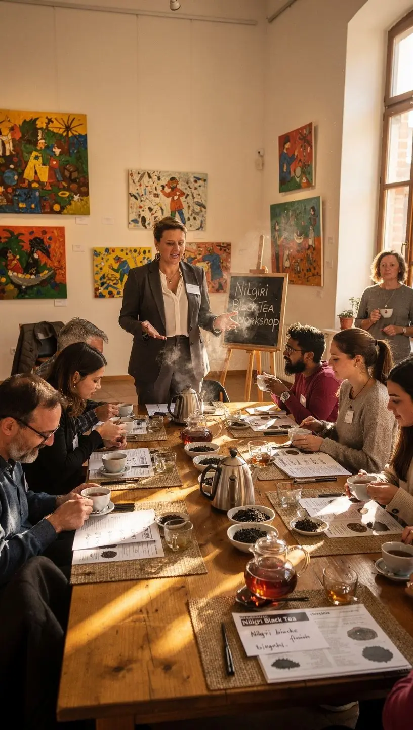 Nilgiri fekete tea levelek, zöld háttérrel, friss és ízletes megjelenéssel.