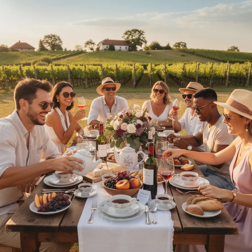Egy csésze Nilgiri fekete tea, gőzölgő vízben, gyümölcsös aromával.