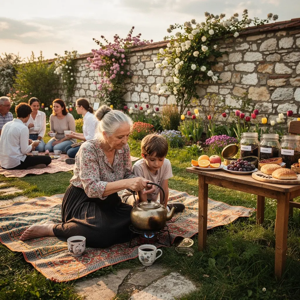 Egy naplemente képe, amely mellett egy csésze Nilgiri fekete tea áll, nyugtató légkörben.